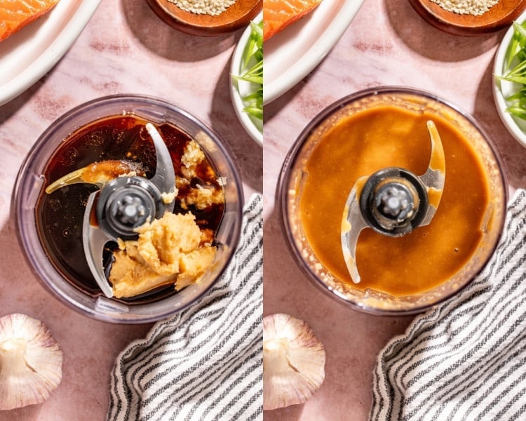 Miso paste, soy sauce, garlic, ginger, and seasonings added to a food processor, then blended into a smooth brown sugar miso glaze.