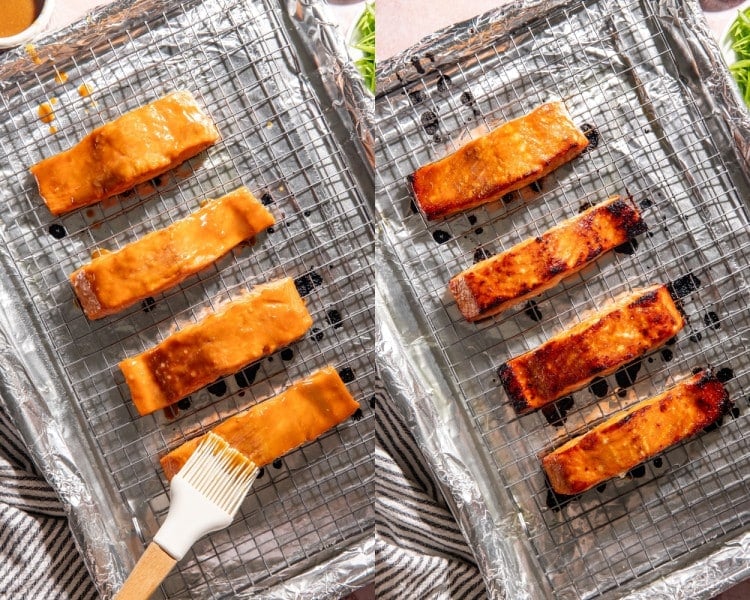 Brown sugar miso glaze brushed over salmon fillets before baking, followed by the baked salmon with caramelized, lightly charred edges.