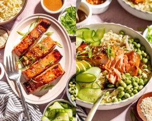 Brown sugar miso glazed salmon served two ways: plated with sesame seeds and sliced green onions, and flaked over noodles with edamame, cucumber ribbons, avocado, and extra miso glaze.