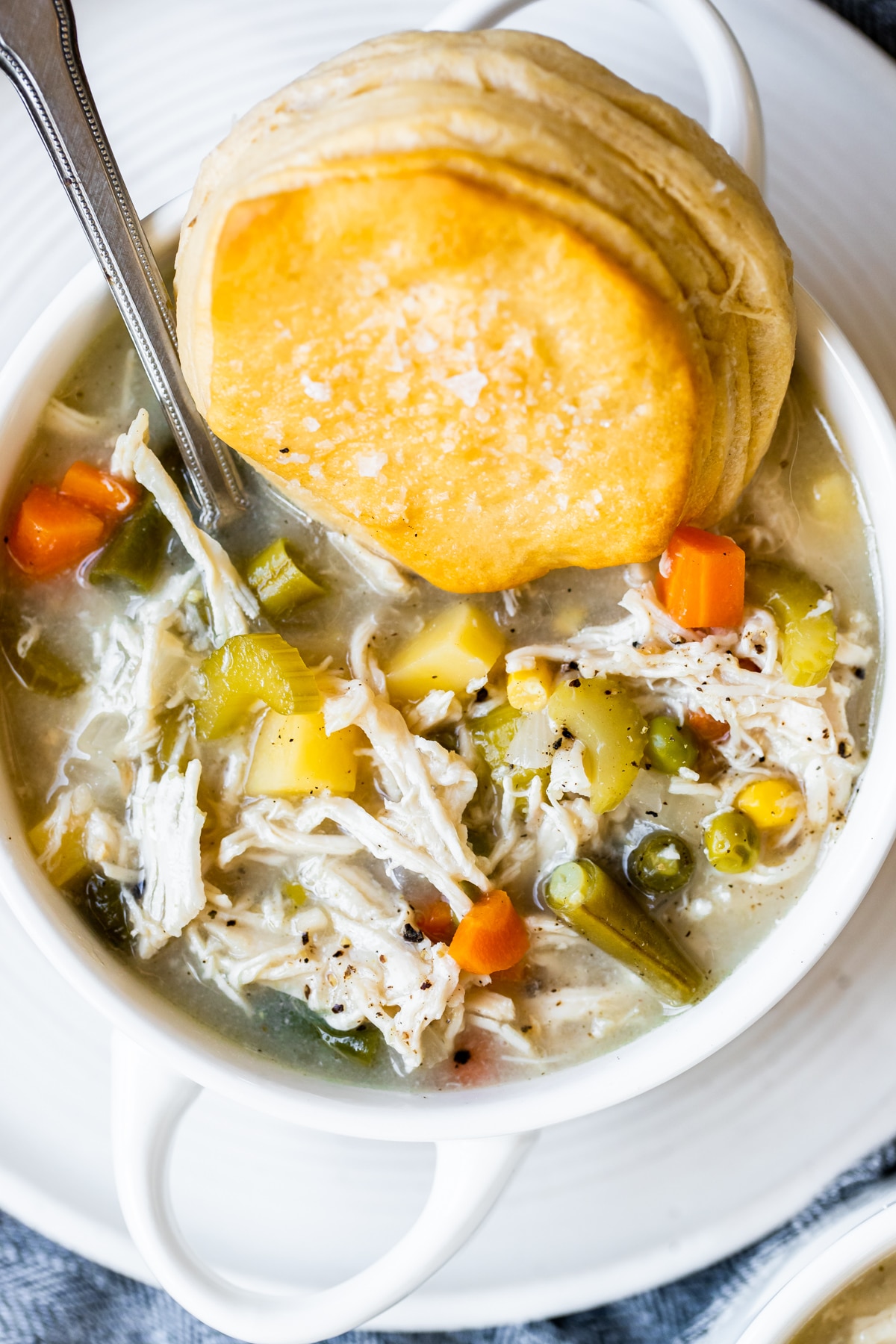 pot pie soup in a white bowl