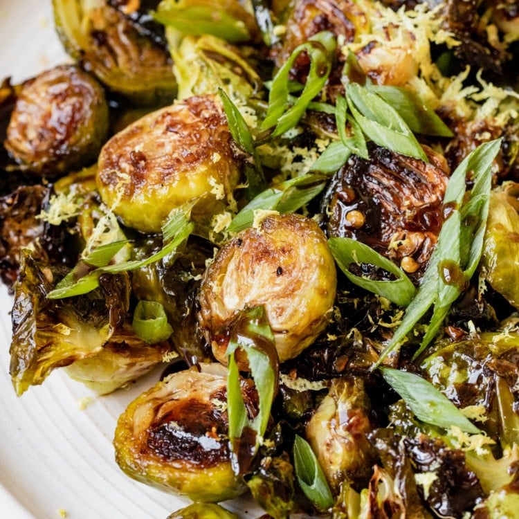 roasted brussels sprouts on a white plate