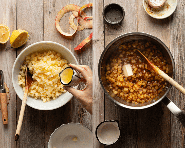 Side-by-side image of preparing apple pie mixture for cookies.