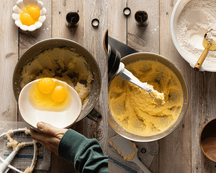 Side-by-side image of making cookie dough for cookies.