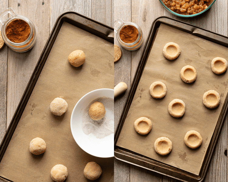 Side-by-side image of rolling dough balls in cinnamon-sugar mixture then pressing indent into cookie dough balls.