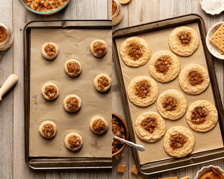 Side-by-side image of filling the indent with apple pie mixture then baking cookies.
