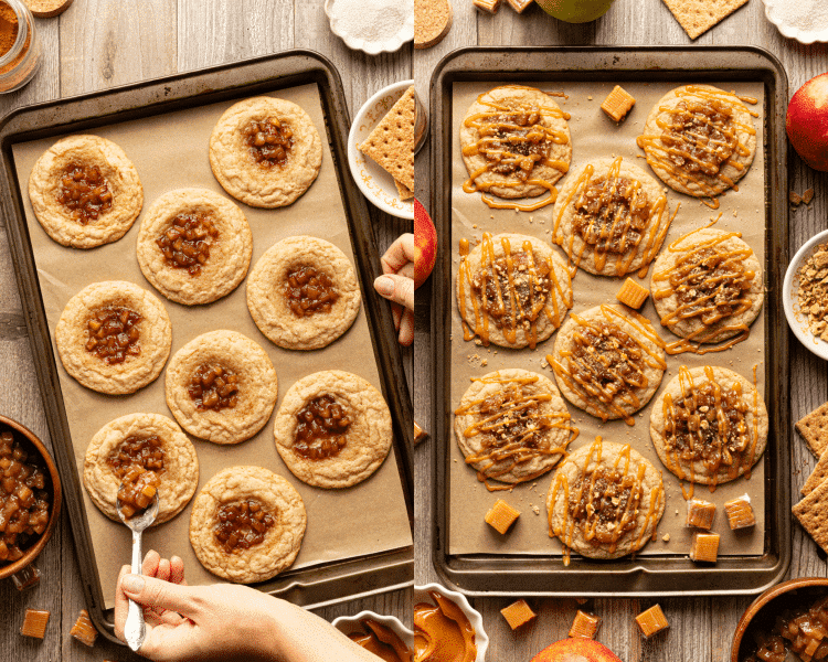 Side-by-side image of adding extra apple pie filling once cookies are baked then drizzling with caramel and graham cracker crumbs.