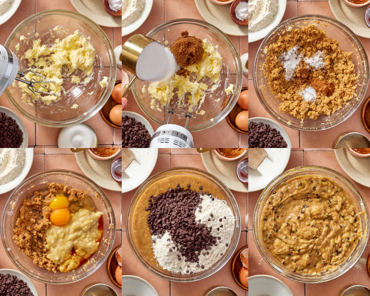 Six images showing the steps to make the banana chocolate chip bar batter.