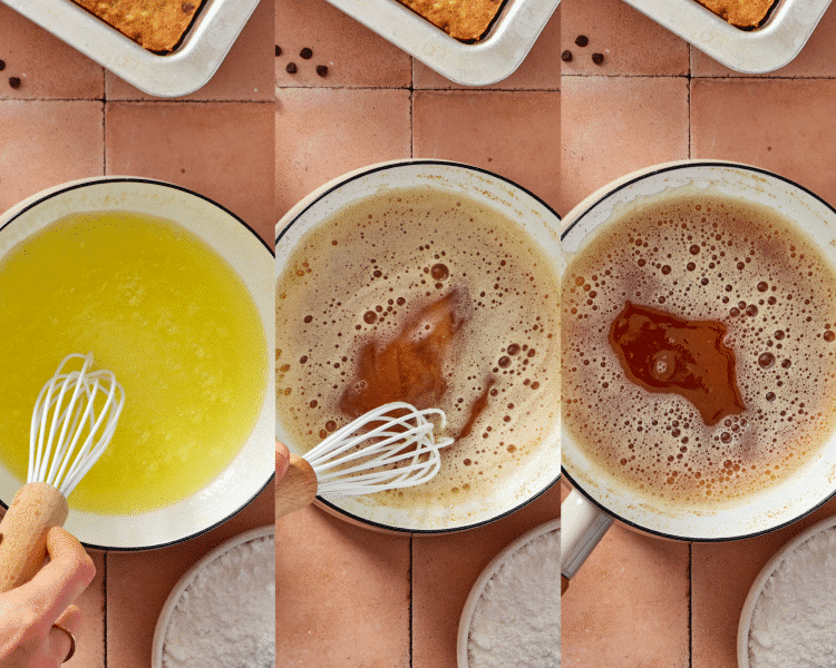 Three images side-by-side showing how to brown the butter in a small saucepan.