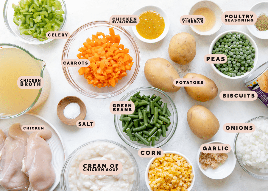 ingredients to make chicken pot pie soup in small dishes
