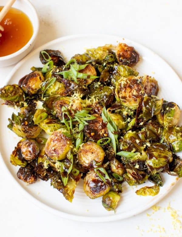 roasted brussels sprouts on a white plate