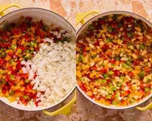 Two images side by side each showing a dutch oven with diced bell peppers and onions.