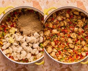 Left side image shows a dutch oven with cubed, cooked chicken pieces, diced peppers and onions, and fajita seasoning. Right side image shows those same ingredients all mixed together.