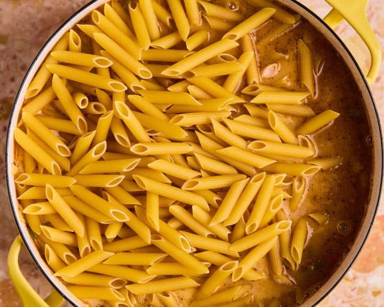 Dutch oven pot with uncooked penne pasta noodles and chicken broth.