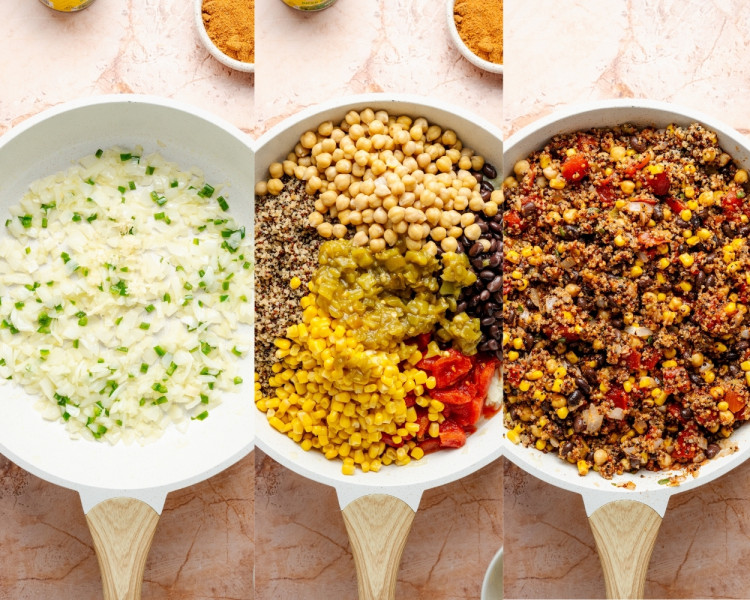 Three-step collage showing the process of making the quinoa filling for stuffed peppers: sautéed onions and jalapeños in a white skillet, followed by a mixture of quinoa, chickpeas, black beans, corn, green chiles, and tomatoes, and finally a fully combined, colorful quinoa filling.