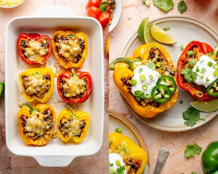 Two side-by-side images: on the left, baked quinoa stuffed bell peppers with melted cheese in a white baking dish; on the right, plated stuffed peppers topped with sour cream, jalapeños, cilantro, and green onions, served with lime wedges.
