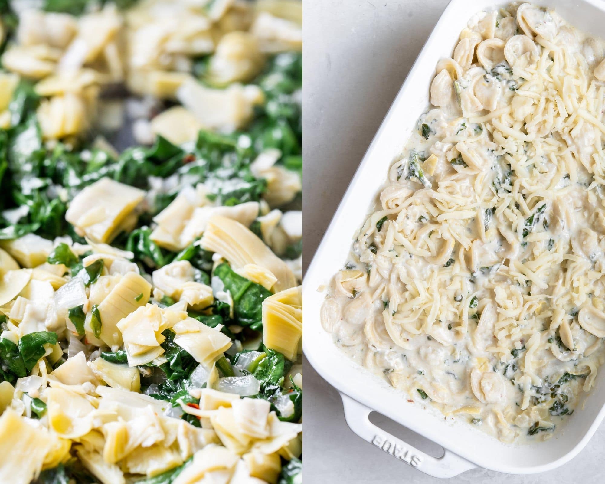 pasta in a baking dish covered in cheese, artichokes and baby spinach