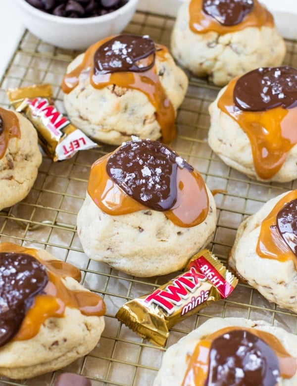 cookies topped with chocolate, caramel and sea salt