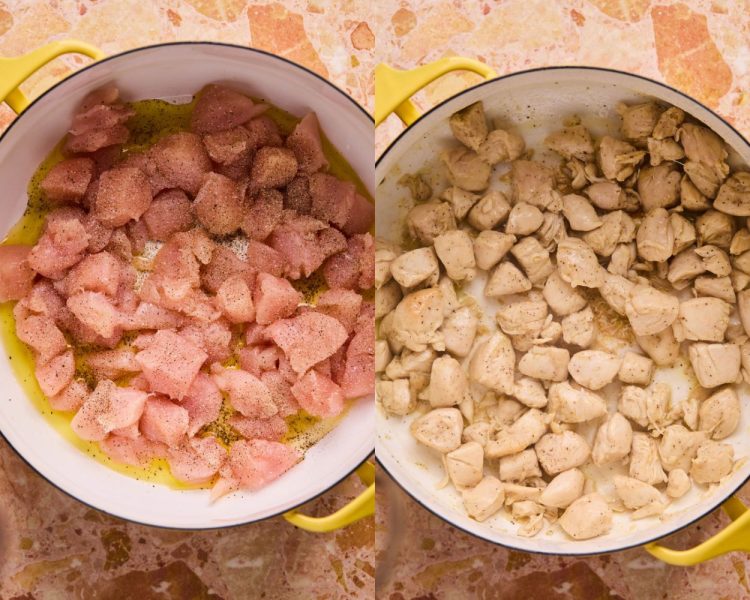 Side by side images of a dutch oven pot with raw diced chicken breast on the left side and cooked, seasoned diced chicken breast on the left side.