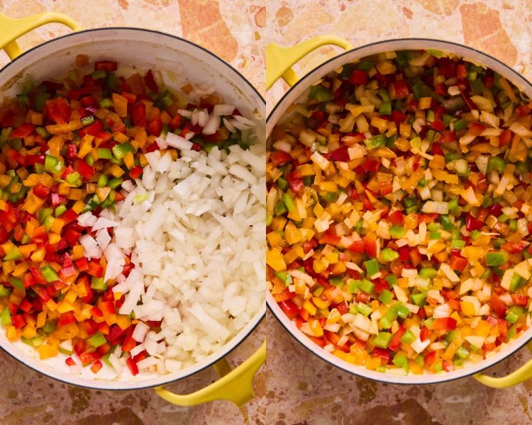 Side by side images of a dutch oven full of diced bell peppers and onions on the left side and those ingredients mixed together on the right side.