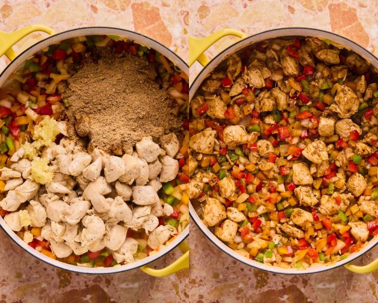 Side by side images of a dutch oven pot. Left side shows the pot with cooked, diced chicken, chopped peppers and onions, and fajita seasoning. Right side image shows those same ingredients all stirred together.