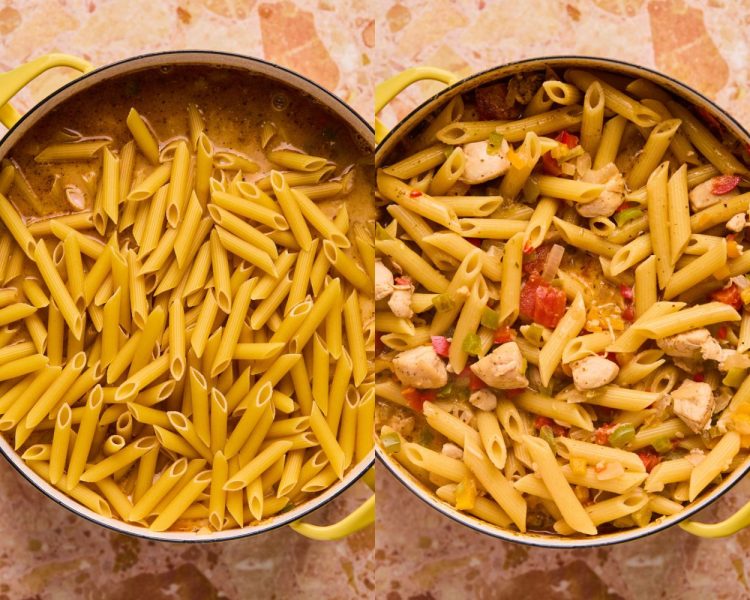 Side by side images of a dutch oven pot. Left side shows the pot with uncooked penne pasta and chicken broth. Right side image shows the pasta cooked and mixed with the diced chicken and peppers.