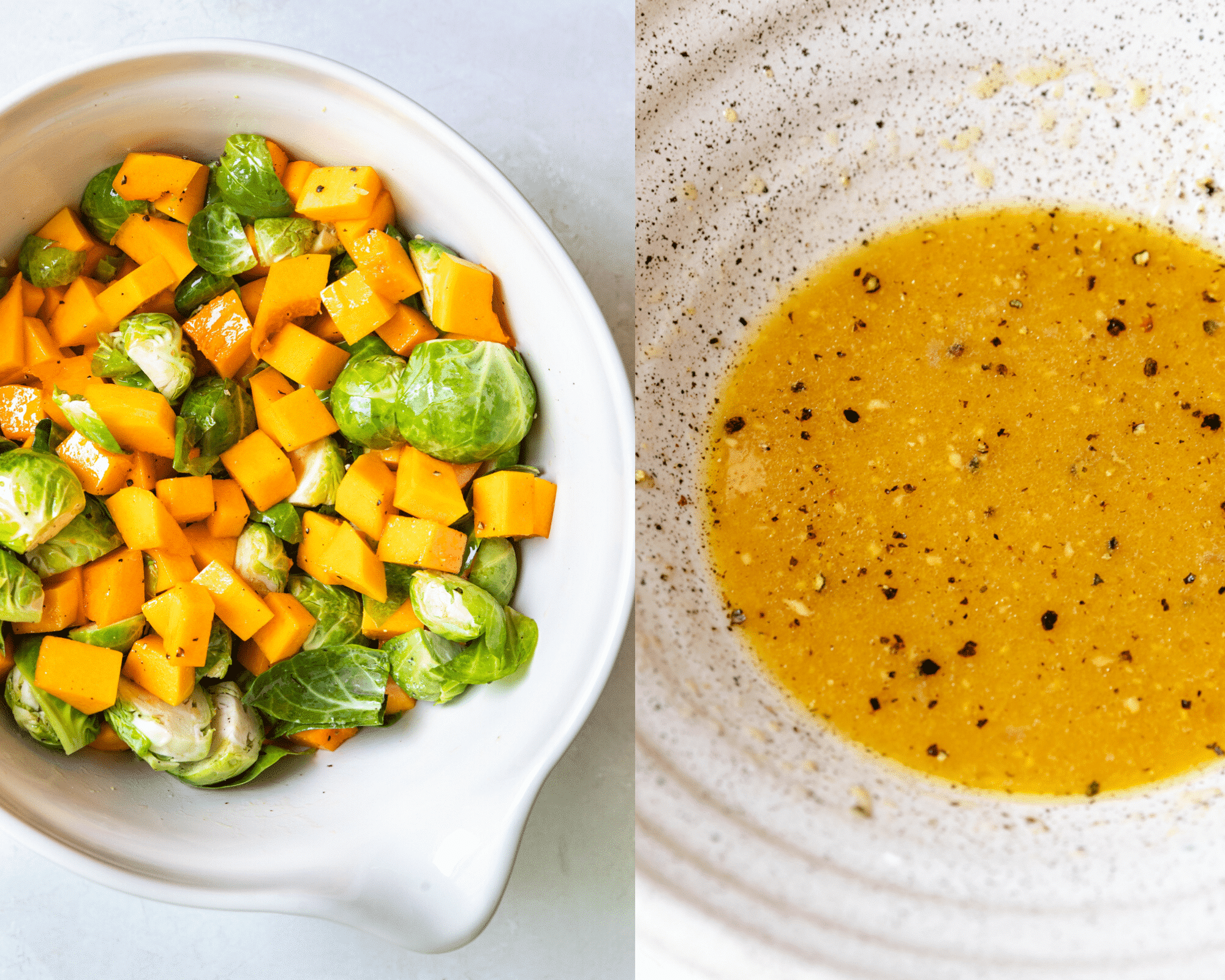 chopped butternut squash and brussels sprouts in a large bowl and a citrus dressing in a white specked bowl