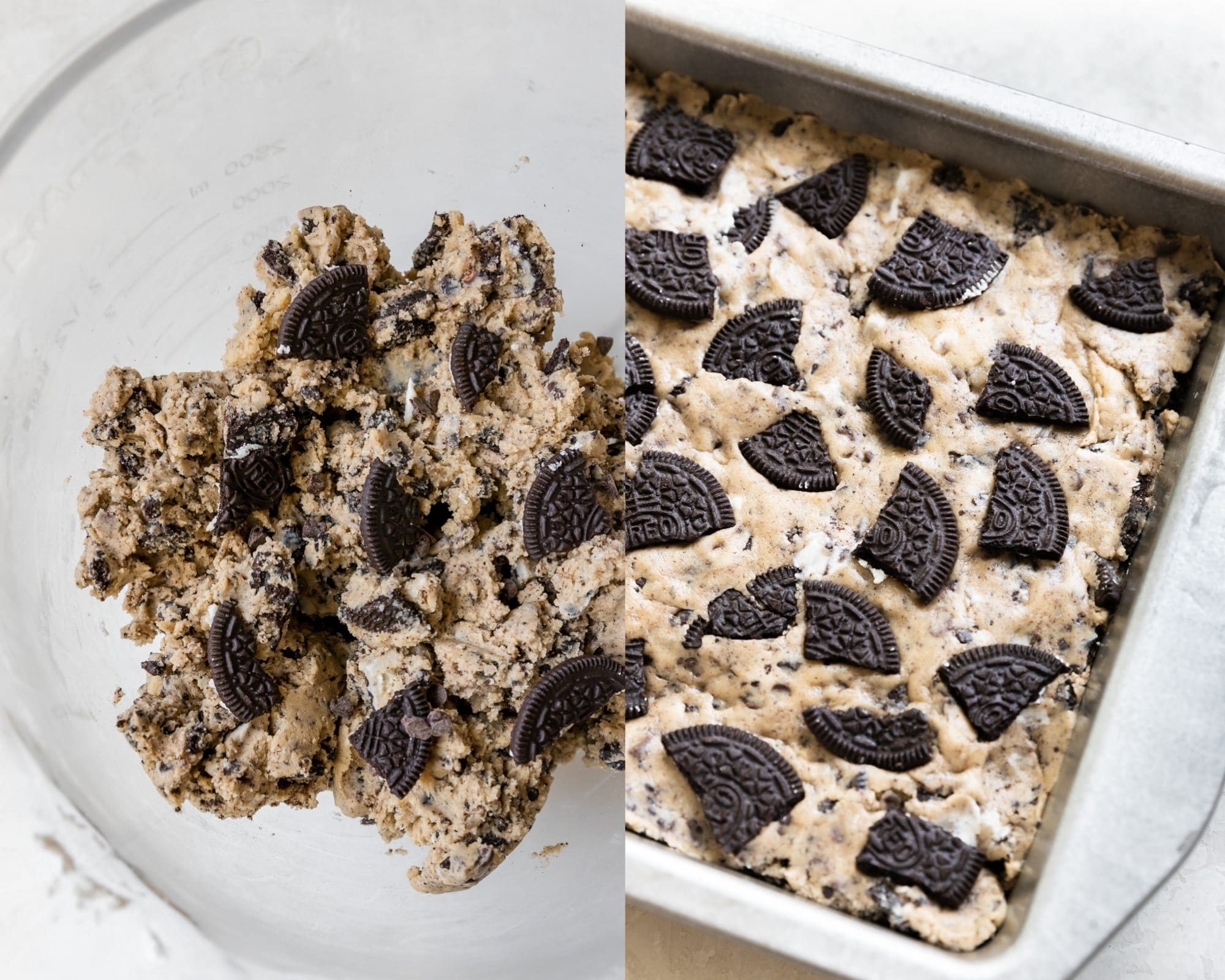 cookies and cream batter in a glass mixing bowl and pressed into a 8x8 inch square pan with additional oreo chunks on top