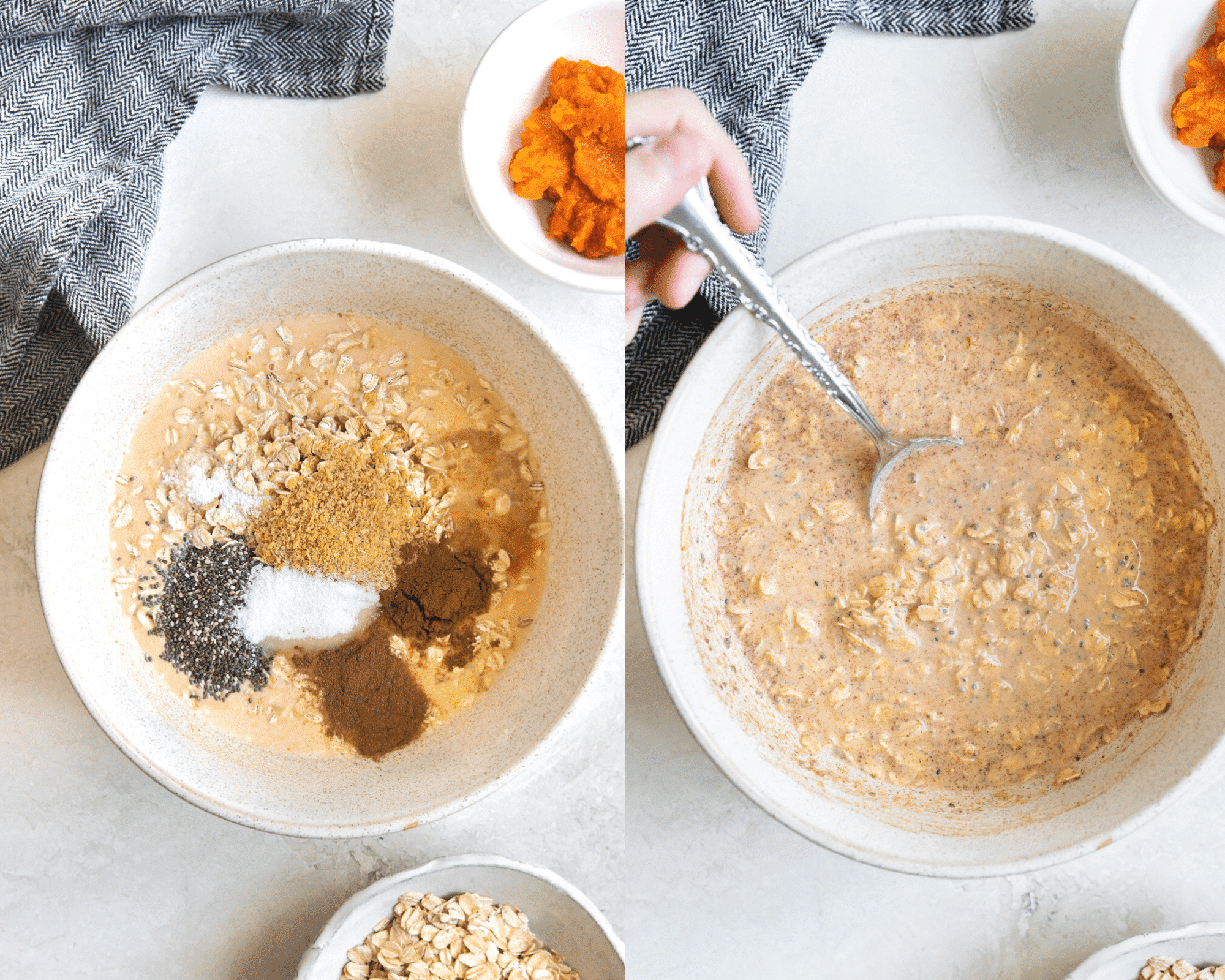 overnight oatmeal made with pumpkin in a a glass mixing bowl and a woman's hand is holding a silver spoon