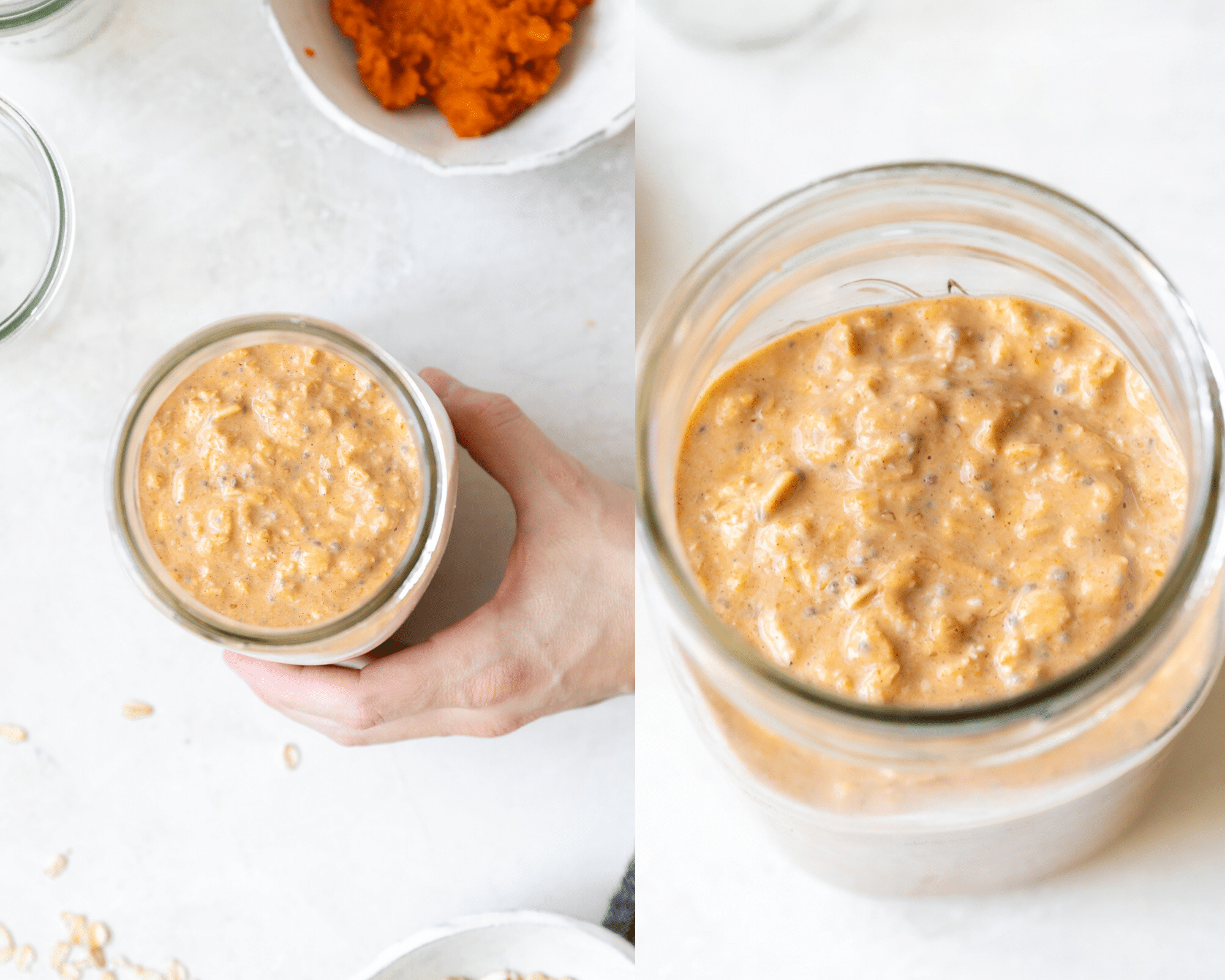 overnight oatmeal made with pumpkin in a mason jar and a womans hand holding the jar