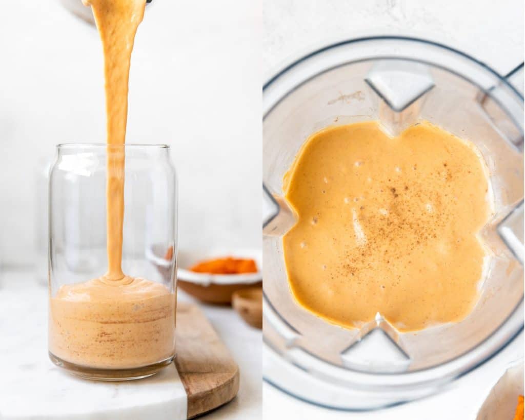 pumpkin pie smoothie being poured into a glass cup on a marble cutting board and a smoothie in a blender