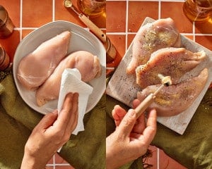 Chicken breasts being patted dry with a paper towel, then seasoned with salt, pepper, and spices.