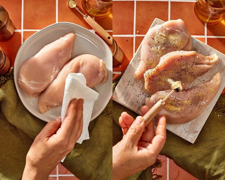 Chicken breasts being patted dry with a paper towel, then seasoned with salt, pepper, and spices.
