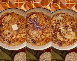 Butter melting in the skillet before chopped shallots and garlic are sautéed in the browned chicken drippings.