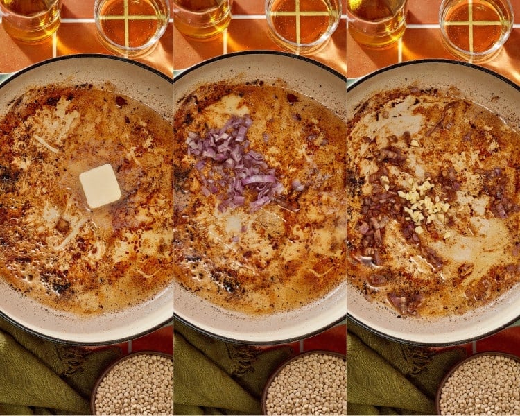 Butter melting in the skillet before chopped shallots and garlic are sautéed in the browned chicken drippings.