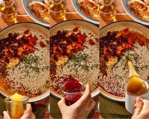 Pearl couscous, dried cranberries, dried apricots, orange zest, Dijon mustard, fresh thyme, and other sauce ingredients added to the skillet.