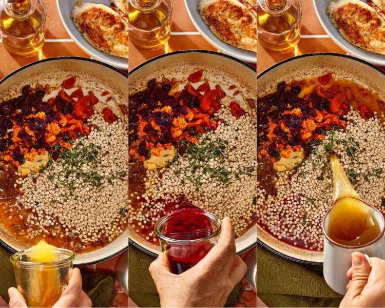 Pearl couscous, dried cranberries, dried apricots, orange zest, Dijon mustard, fresh thyme, and other sauce ingredients added to the skillet.