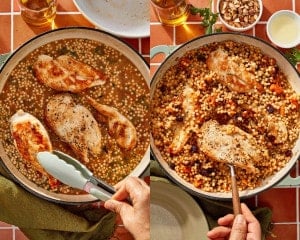 Seared chicken breasts returned to the skillet with the pearl couscous mixture, then cooked until the couscous is tender and the chicken is done.