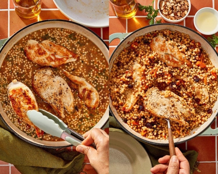 Seared chicken breasts returned to the skillet with the pearl couscous mixture, then cooked until the couscous is tender and the chicken is done.