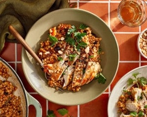 Cranberry apricot chicken and pearl couscous served in a bowl with chopped almonds, fresh parsley, and sliced golden-brown chicken.