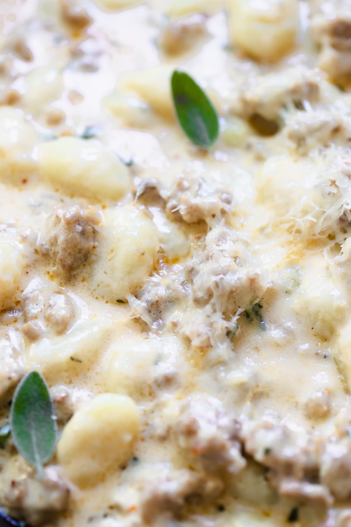an up close photo of sausage, gnocchi and sage with parmesan cheese on top