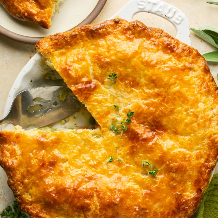 overhead shot of ham pot pie with one piece missing