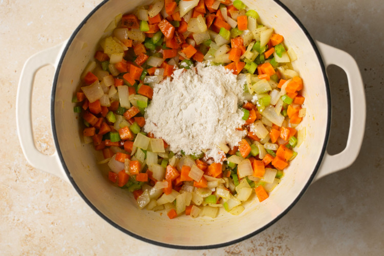 flour and chopped veggies in a bowl