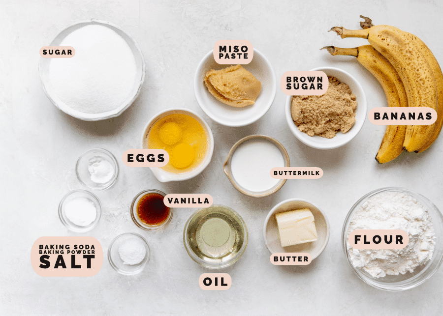 ingredients to bake a banana bread in small glass bowls