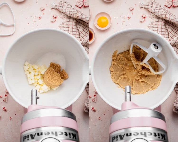 Side-by-side images showing a stand mixer bowl: on the left, cubed butter, brown sugar, and granulated sugar before mixing; on the right, the mixture creamed until light and fluffy.