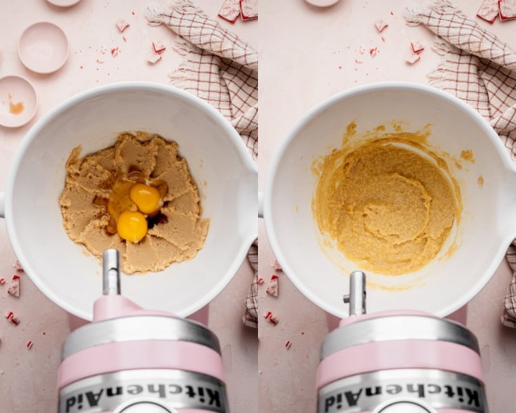 Side-by-side images showing eggs and vanilla added to the creamed butter mixture on the left, and the mixture fully combined and smooth on the right.