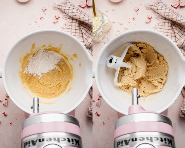 Side-by-side images showing dry ingredients added to the wet mixture on the left, and thick cookie dough forming after mixing on the right.