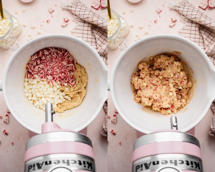 Side-by-side images showing chopped peppermint bark and white chocolate chips added to the cookie dough on the left, and the fully mixed peppermint cookie dough on the right.