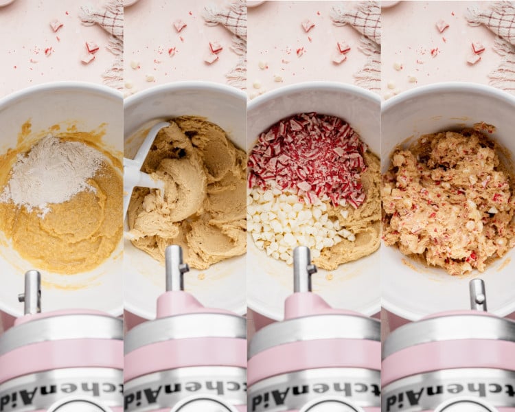 Four side-by-side images showing the cookie dough mixing process: adding dry ingredients to the wet mixture, creaming the dough until smooth, adding white chocolate chips and chopped peppermint bark, and the fully mixed peppermint cookie dough in the mixer bowl.