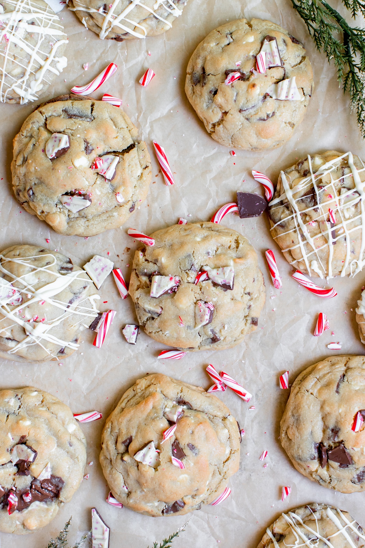 peppermint cookies on parchment paper topped with crushed candy canes 