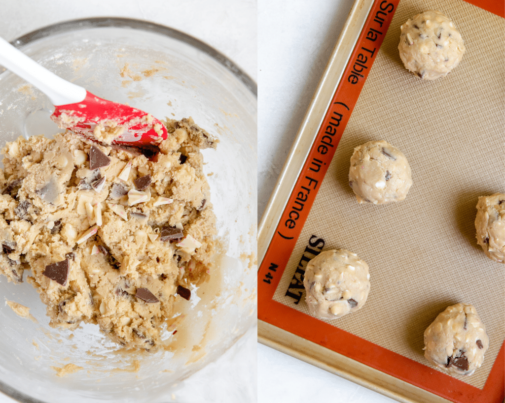 cookie dough in a big glass bowl and on a baking sheet